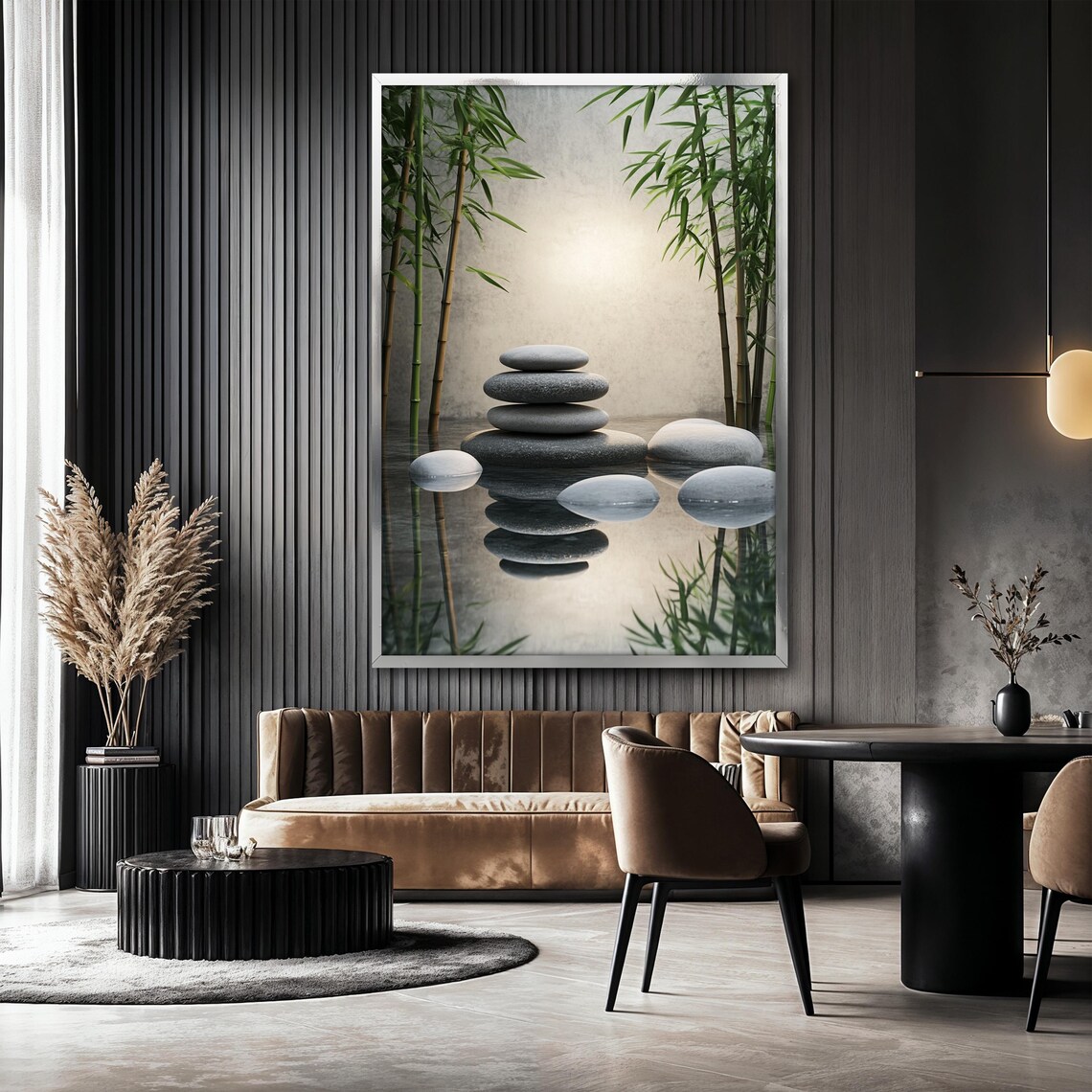 Zen Stone Painting With Bamboo Reflection - Image 2
