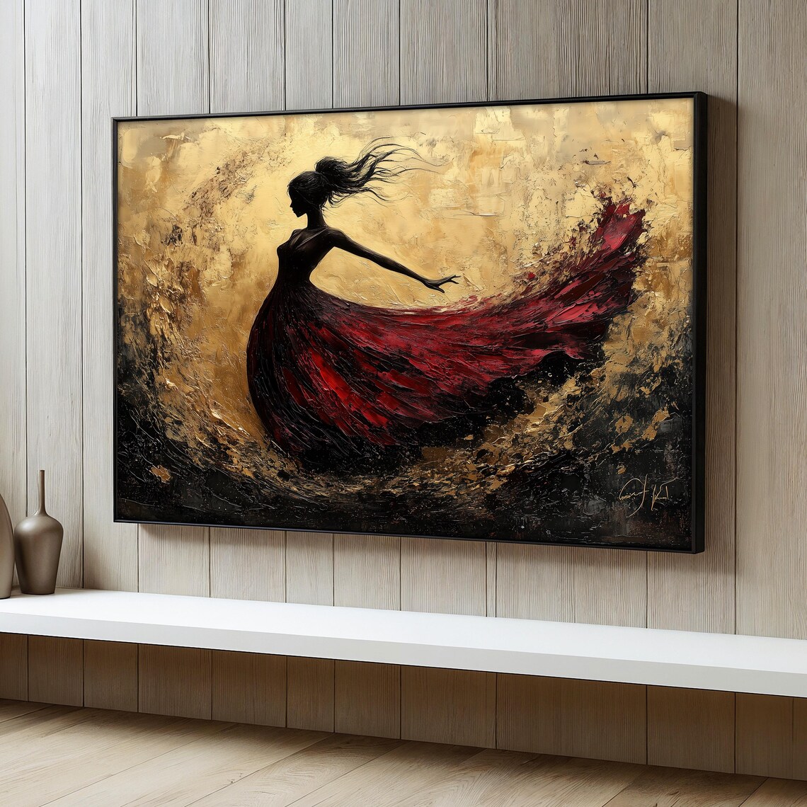 Silhouette Woman In Red Dress, Modern Wall Art