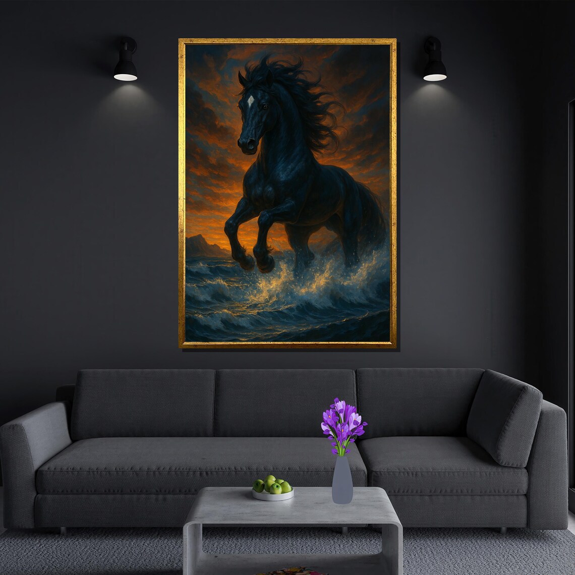 Black Horse Running Through Ocean Waves, Dramatic Art Print - Image 3