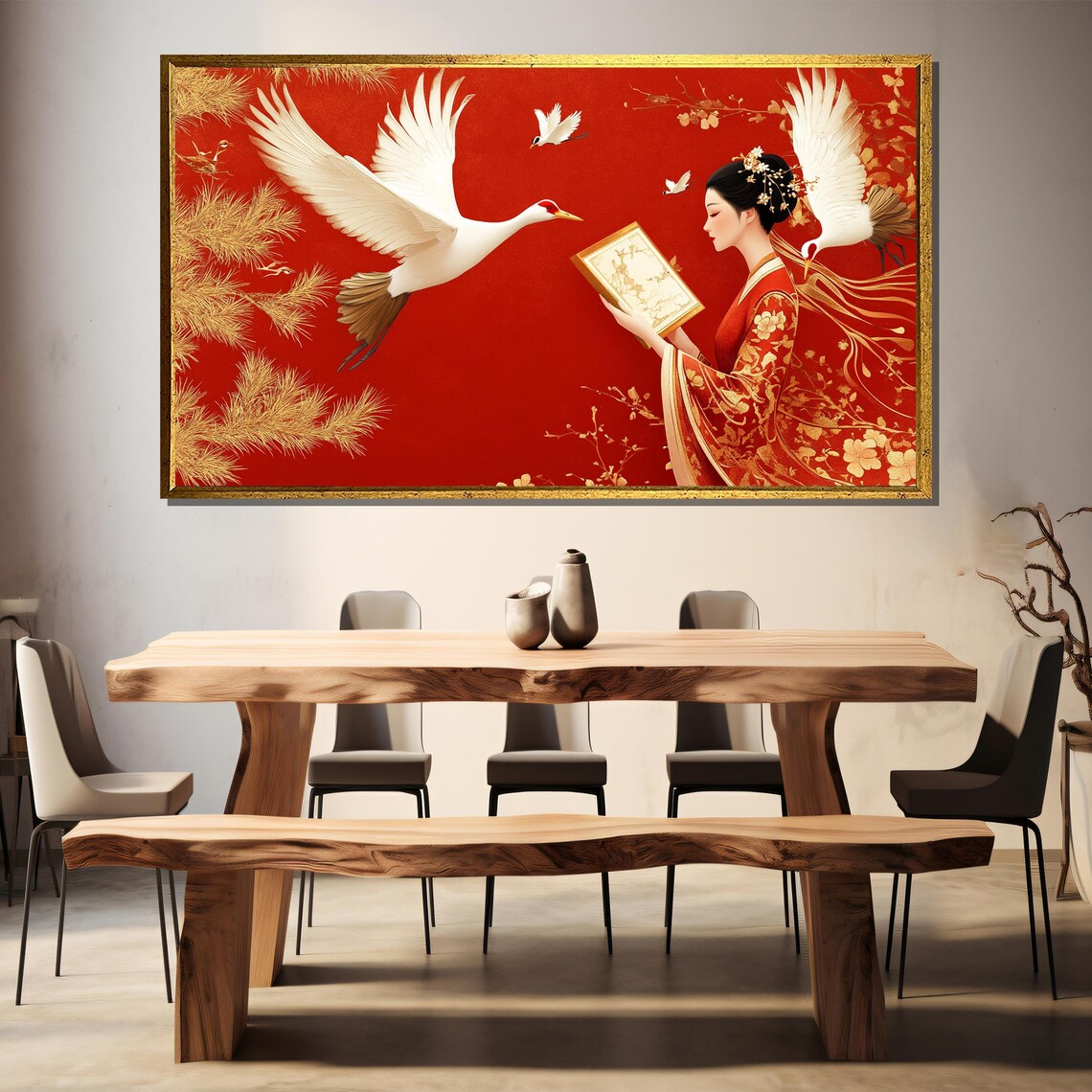 Japanese Woman Painting With Cranes, Traditional Style - Image 3