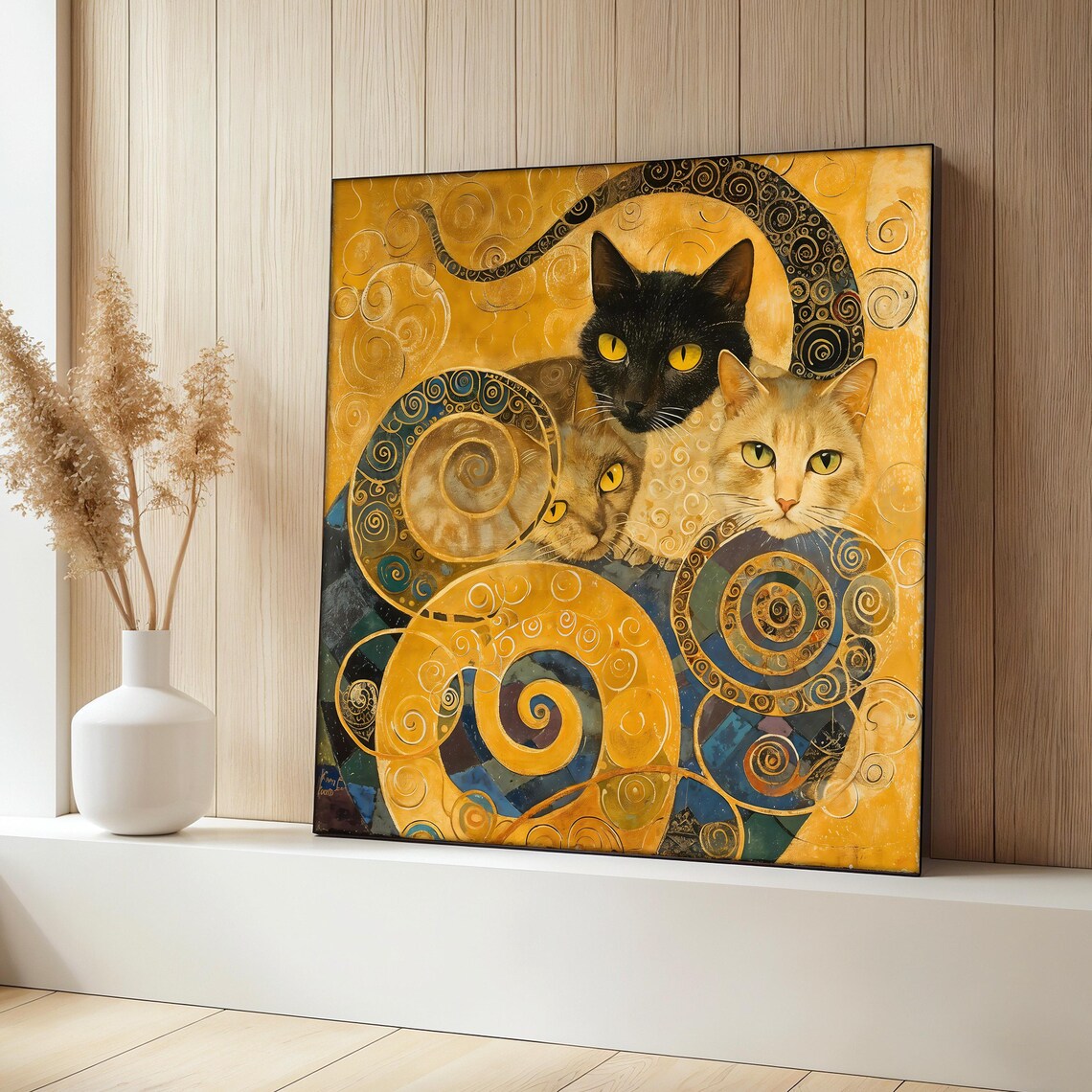 Klimt Style Cat Painting, Whimsical Animal Art