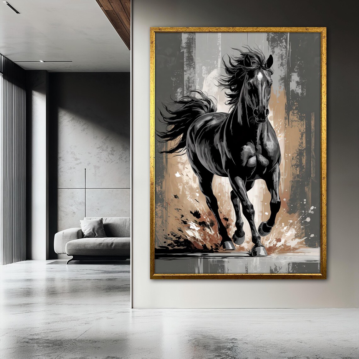 Black Horse Painting, Powerful Running Stallion - Image 3