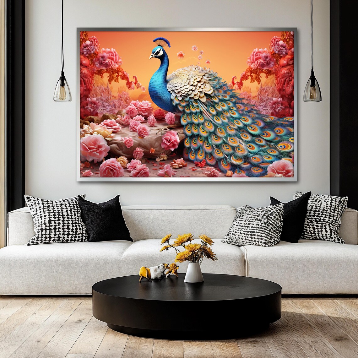 Peacock Painting, Elegant Bird With Roses - Image 2