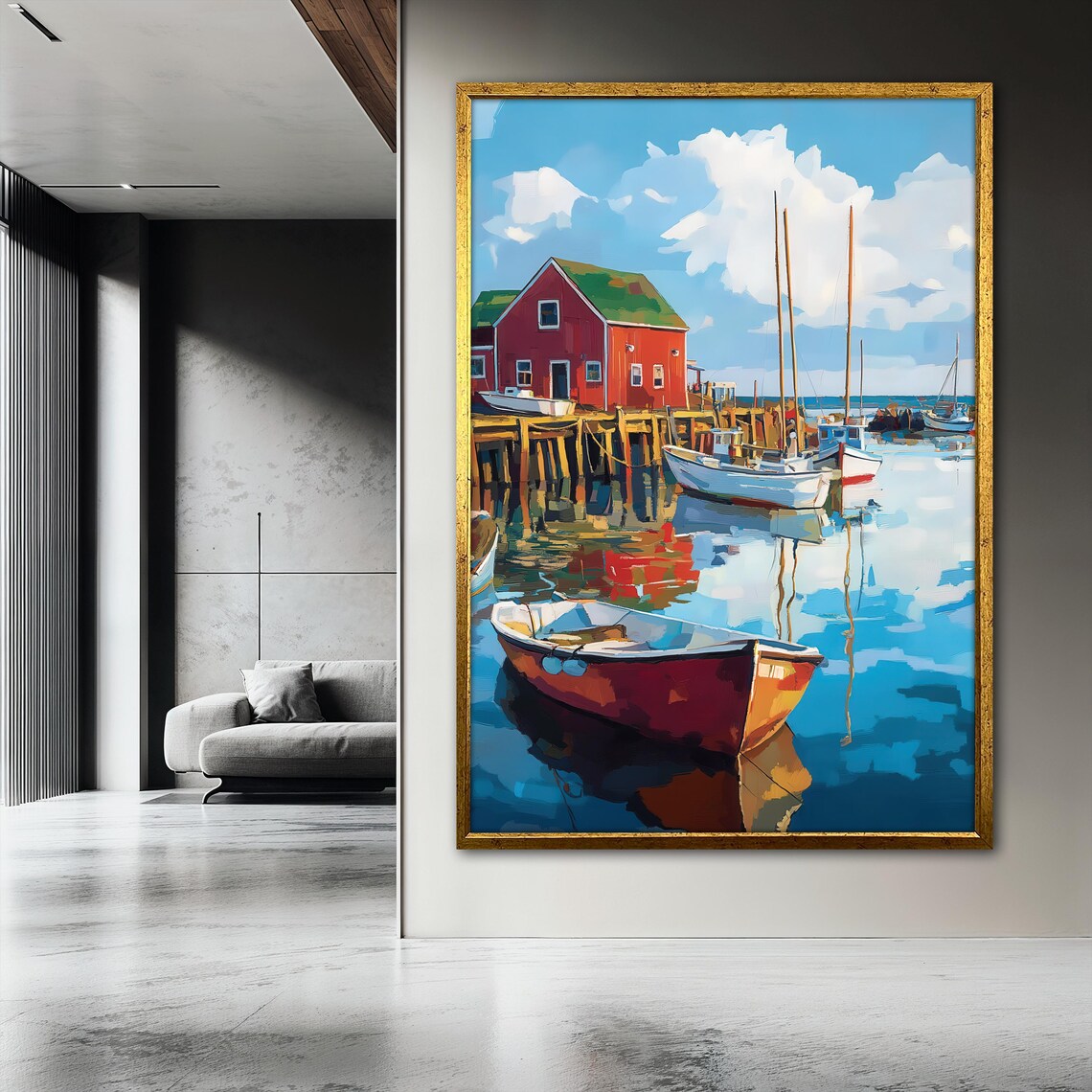 Boats and Harbor Scene, Coastal Painting - Image 3