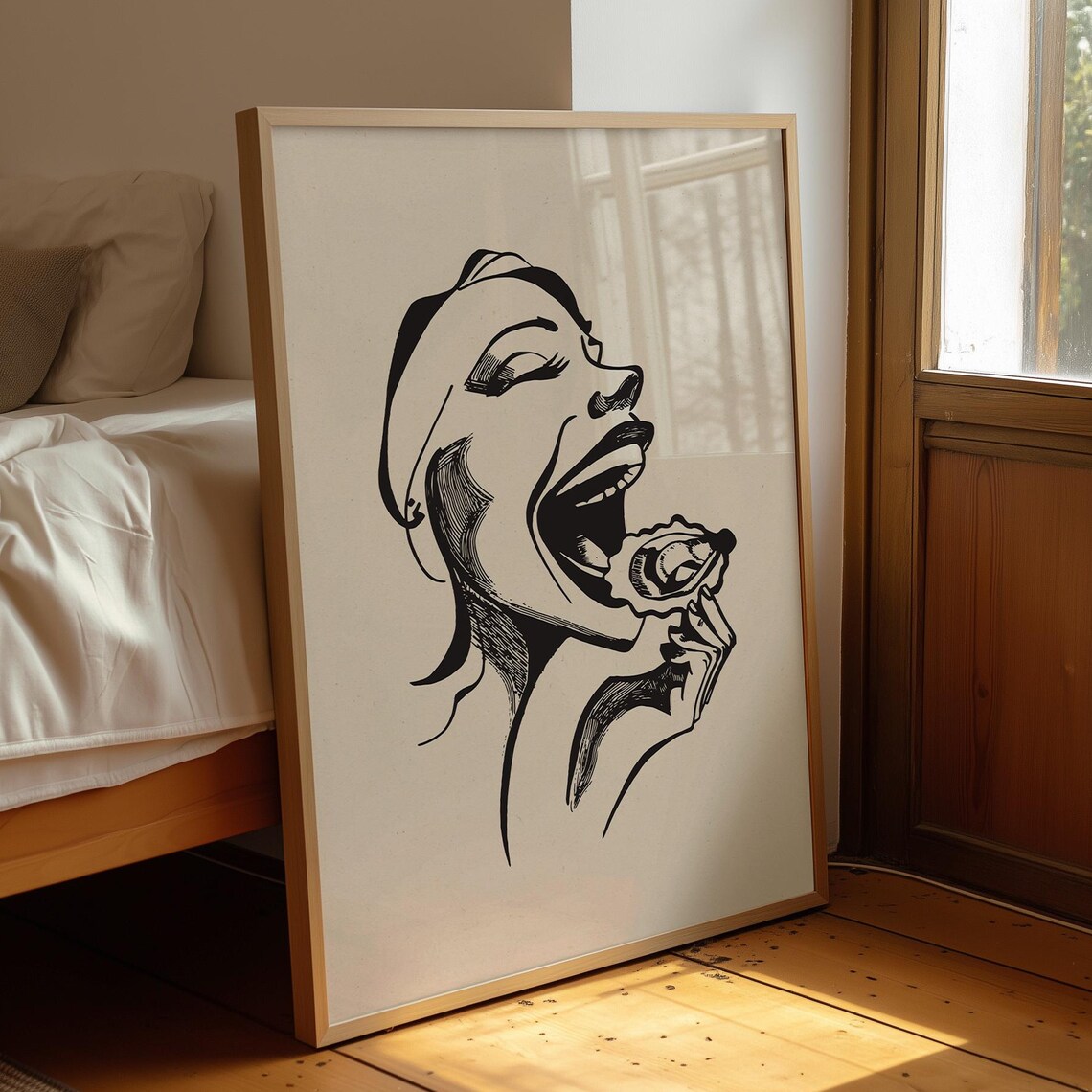Woman Eating Oyster Dopamine Monochrome Line Art Kitchen Poster