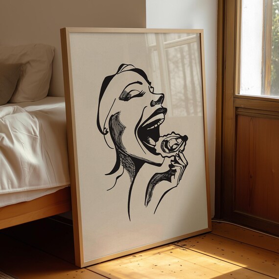 Woman Eating Oyster Dopamine Monochrome Line Art Kitchen Poster