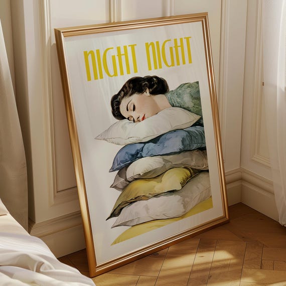 Cozy Bedroom Decor Sweet Dreams Poster Whimsical Night Sleeping Girl Print Digital Download