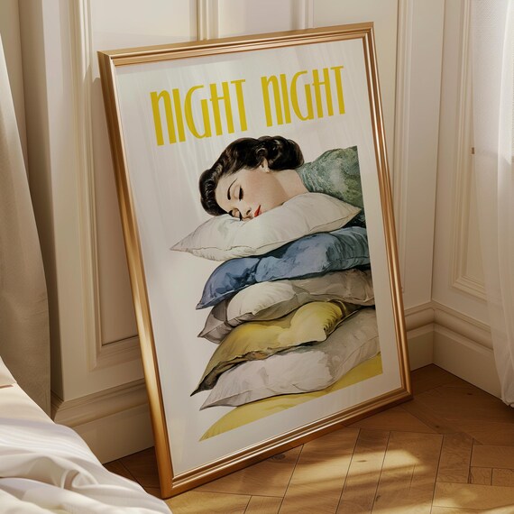 Night Night Vintage Sleeping Woman on Pillows Bedroom Wall Art