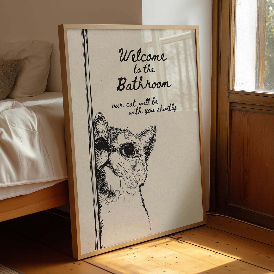 Welcome To The Bathroom Cat Print Funny Restroom Line Art Powder Room Decor Digital Download