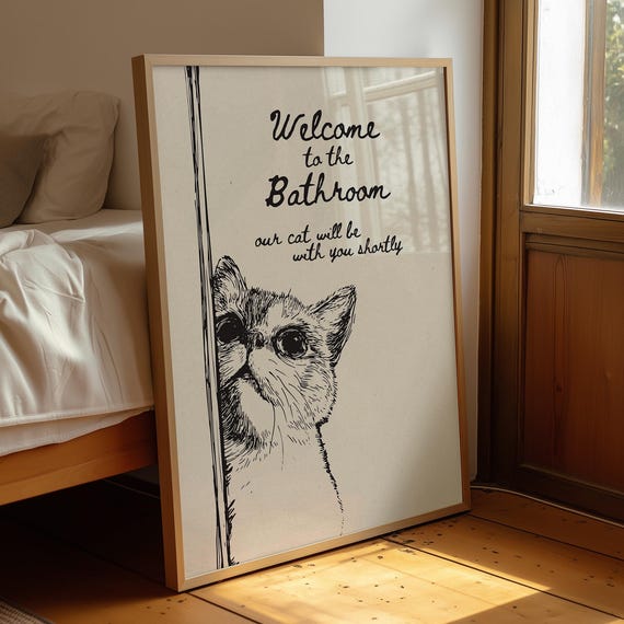 Welcome To The Bathroom Cat Print Funny Restroom Line Art Powder Room Decor Digital Download
