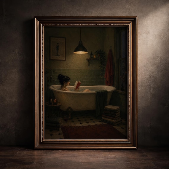 Moody Bathroom Art Print Woman Reading In Bathtub Bookish Gothic Wall Decor Dark Academia Clawfoot Tub Illustration Digital Download