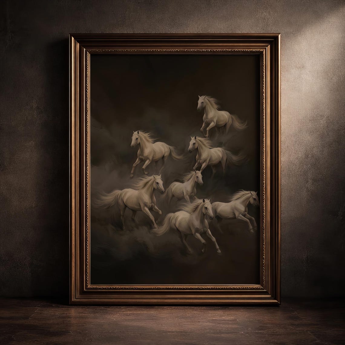 White Horses Galloping Dark Maximalist Moody Equestrian Art Poster