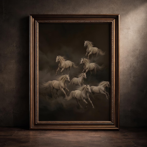 Dark Maximalist Horse Wall Art Print Moody Equestrian Decor Gothic Wild Stallion Painting Academia Ethereal Animal Atmospheric Poster