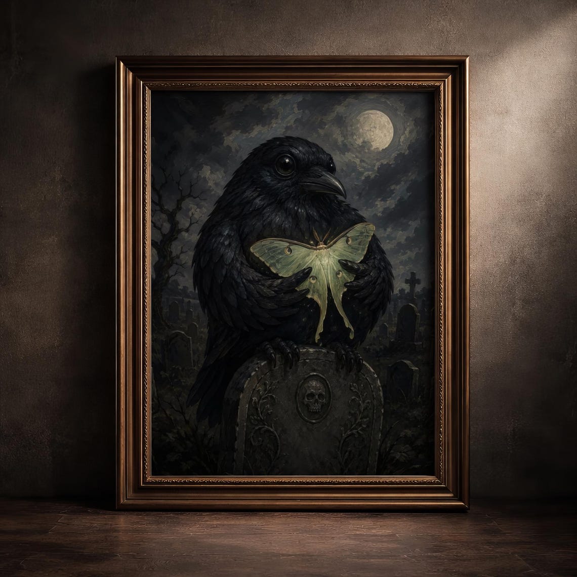 Dark Academia Crow Luna Moth Moonlit Cemetery Gothic Bird Poster