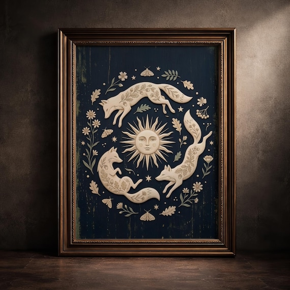Moody Celestial Witchy Fox Folk Art Print Woodcut Dark Academia Cottagecore Decor Carved Sun And Stars Mystical Woodland Animal Poster