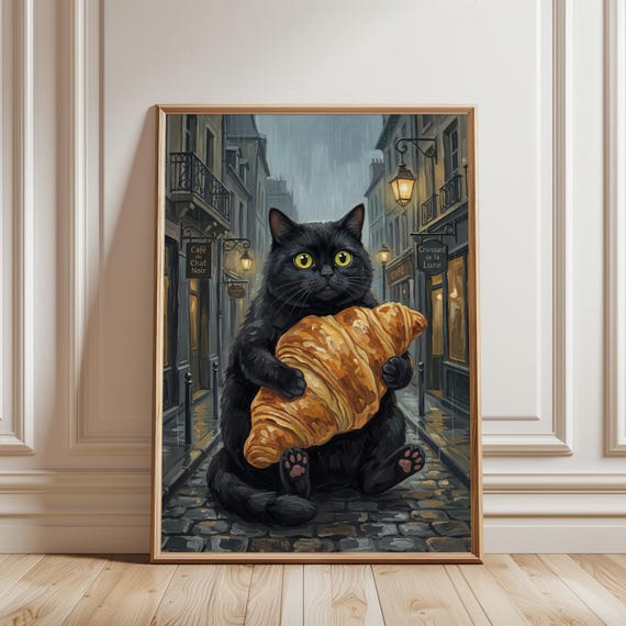 Black Cat Croissant Wall Art Print Whimsical French Cafe Poster Moody Paris Kitchen Decor Vintage Storybook Printable Digital Download