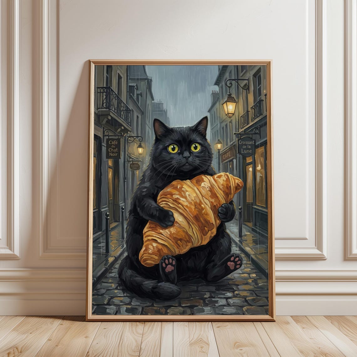 Black Cat With Giant Croissant Rainy Paris Street Cute Painting Poster