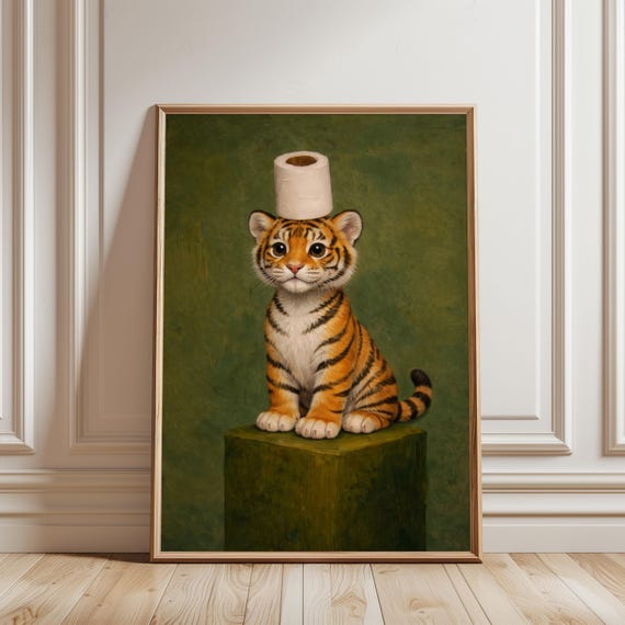 Tiger Toilet Paper Art Print Funny Emerald Green Painting Bathroom Decor Bold Quirky Restroom Wild Animal Poster Digital Download