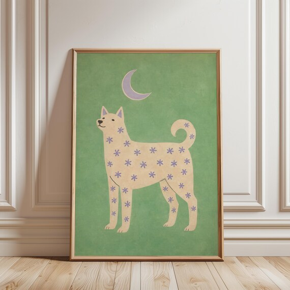 Dog And Moon Art Print Whimsical Puppy Wall Decor Abstract Peaceful Bedroom Poster Reading Nook Kids Room Or Nursery