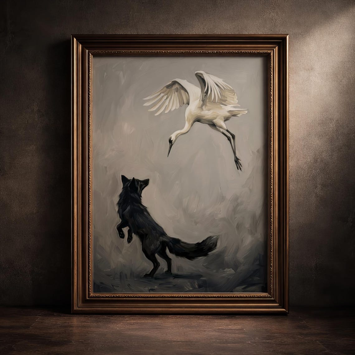 Black Fox and White Crane Dreamy Monochrome Japandi Art Poster