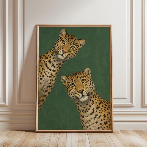 Funny Leopard Duo Art Printable Emerald Green Cheetah Print Vintage Glam Oil Painting Whimsical Wild Animal Poster Digital Download