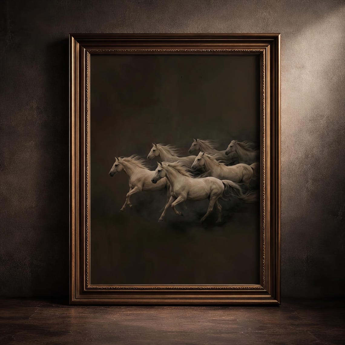 Five White Horses Galloping Through Dark Mist Moody Equestrian Poster