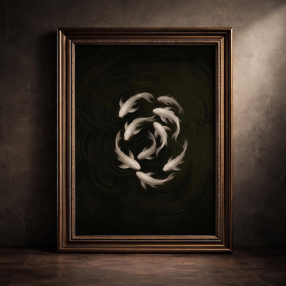 Dark Academia Koi Fish Print Moody Gothic Nature Poster Yin Yang Illustration Ethereal Japanese Inspired Decor Digital Download