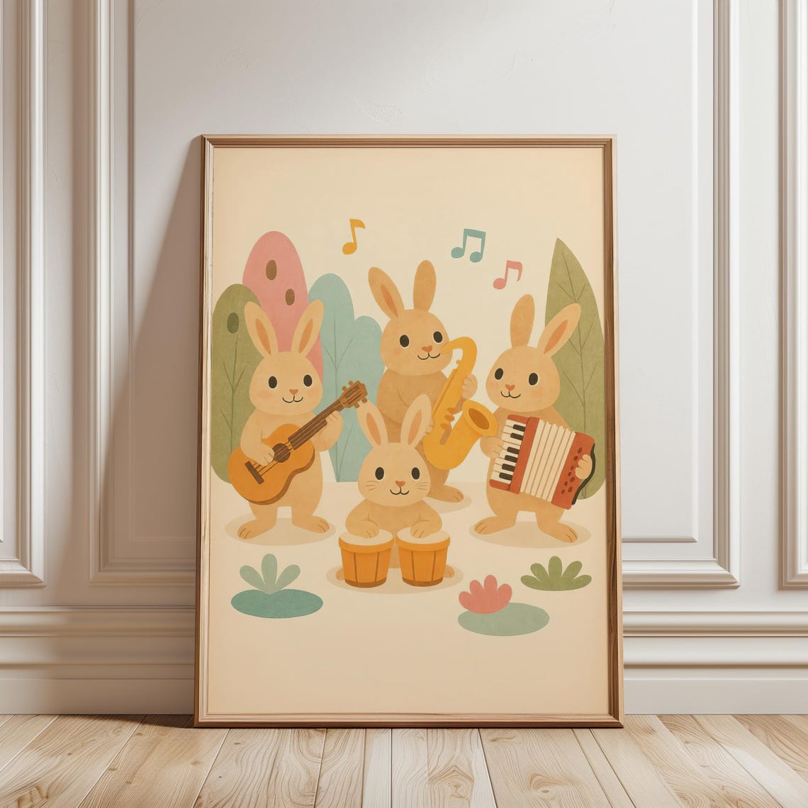 Sweet Rabbits Playing Music Whimsical Pastel Nursery Wall Poster