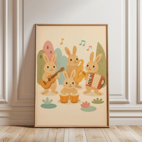 Rabbits Band Instruments Art Print Whimsical Musical Bunny Poster For Kids Room Nursery Or Baby Shower Dopamine Decor Digital Download