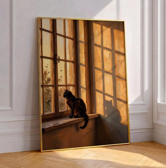 Black Cat Watching Birds Print Cozy Reading Nook Wall Art Golden Hour Window Shadow Painting Warm Sunlight Poster Digital Download