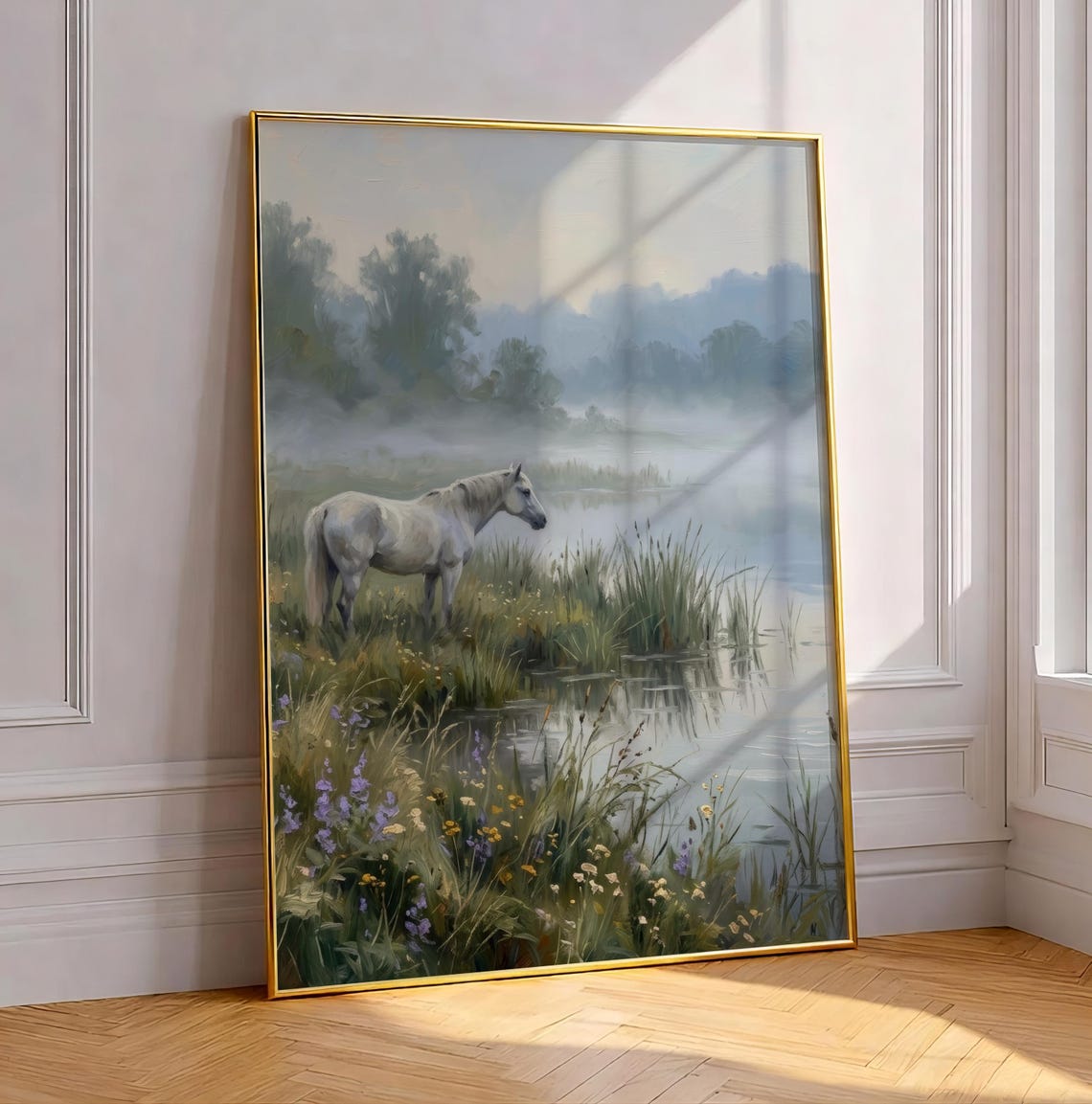 White Horse Standing By Misty Marsh Moody Cottagecore Meadow Poster