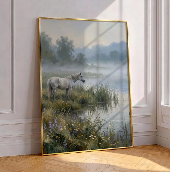 White Horse By The Marsh Art Print Moody Cottagecore Landscape Painting Misty Meadow Wildflowers Poster Vintage Countryside Decor
