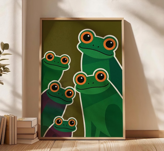 Five Cheerful Green Frogs Midcentury Flat Illustration Nursery Poster