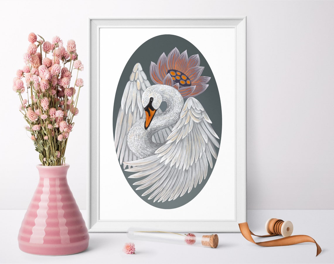 Graceful White Swan With Orange Lotus On Deep Green Elegant Art Poster