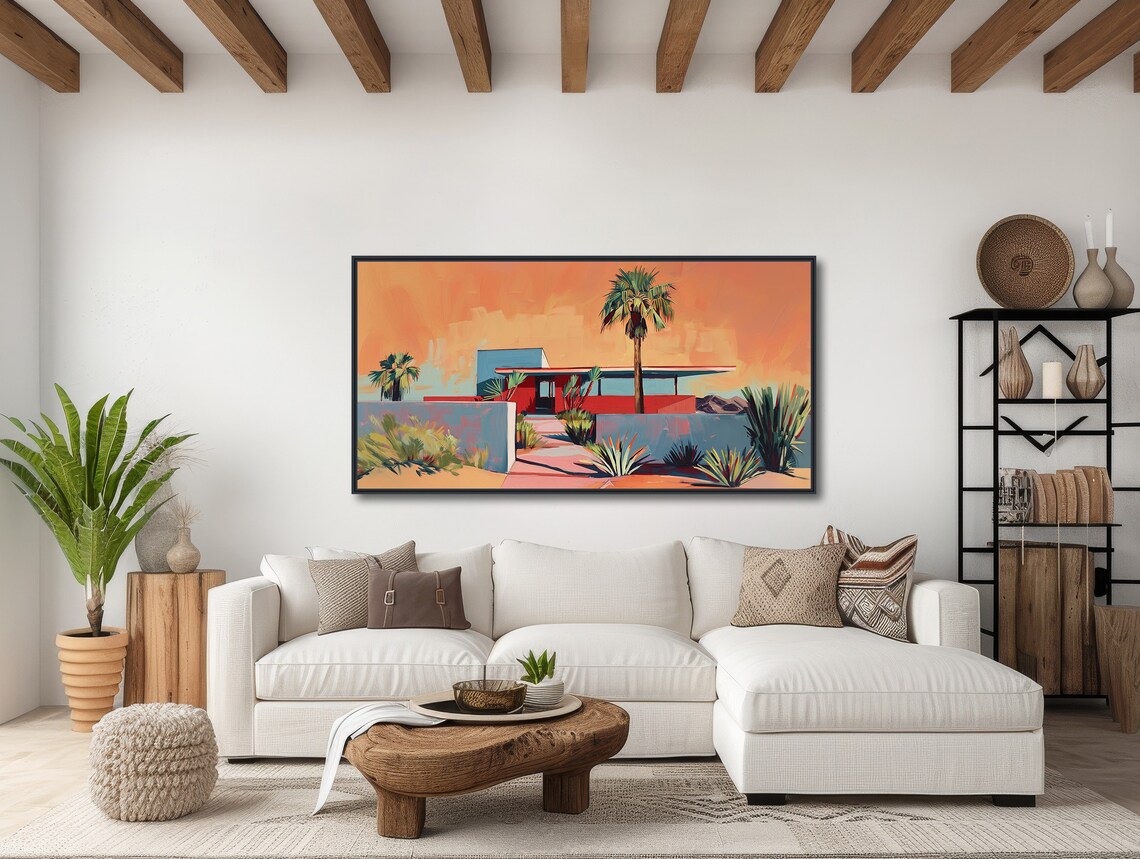 Mid Century Red House Painting Palm Trees Sunset Retro Wall Poster - Image 3