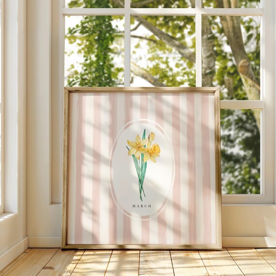 March Daffodil Birth Month Flower Pink Stripe Watercolor Botanical Poster