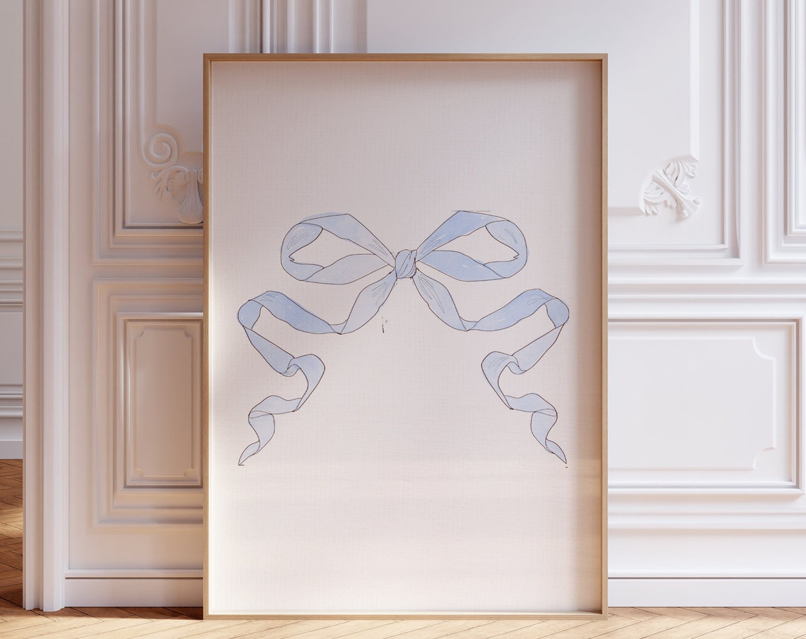 Vintage Blue Bow Print Wall Art Nursery Art Abstract Vintage Painting Cottagecore Decor Art