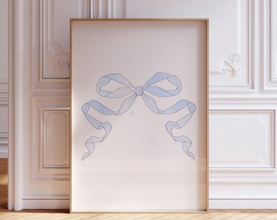 Vintage Blue Bow Print Wall Art Nursery Art Abstract Vintage Painting Cottagecore Decor Art