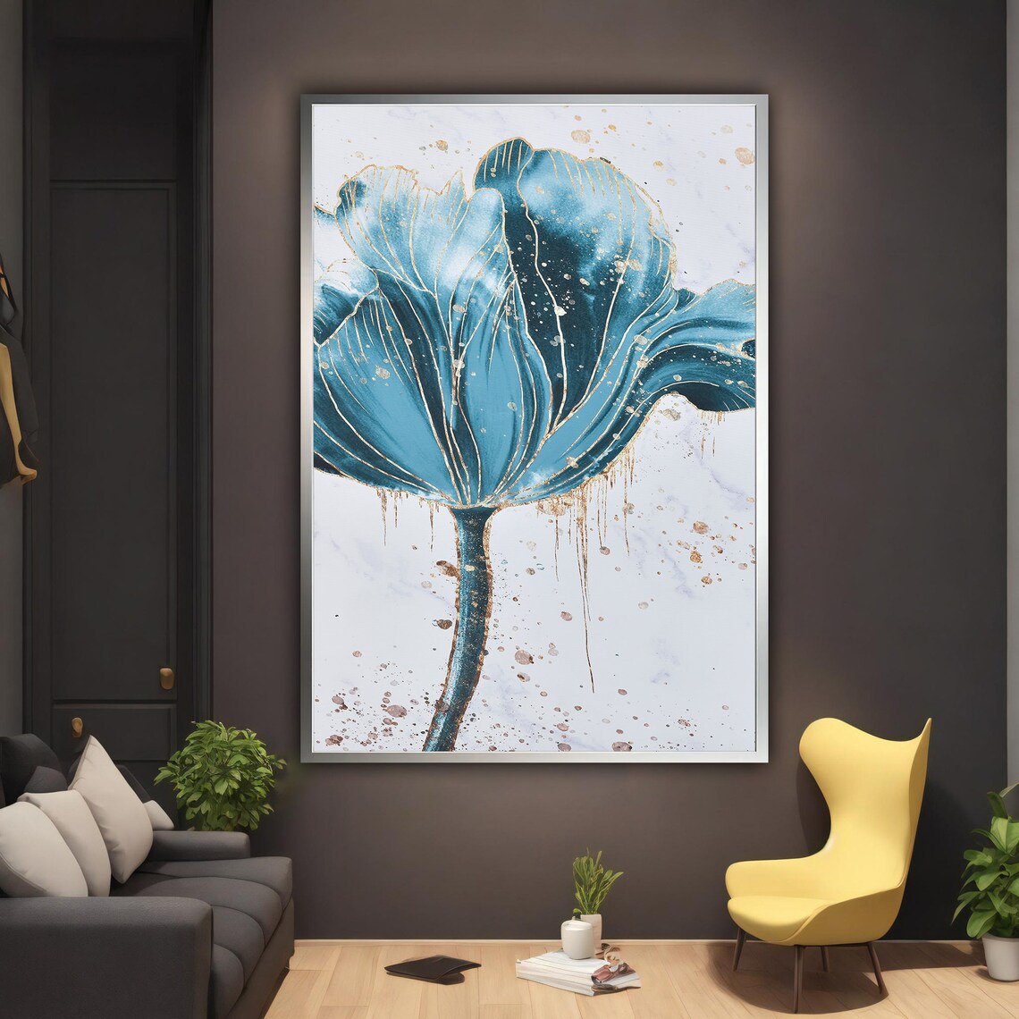 Teal Blue Tulip Gold Splatter Modern Floral Painting Wall Poster - Image 2