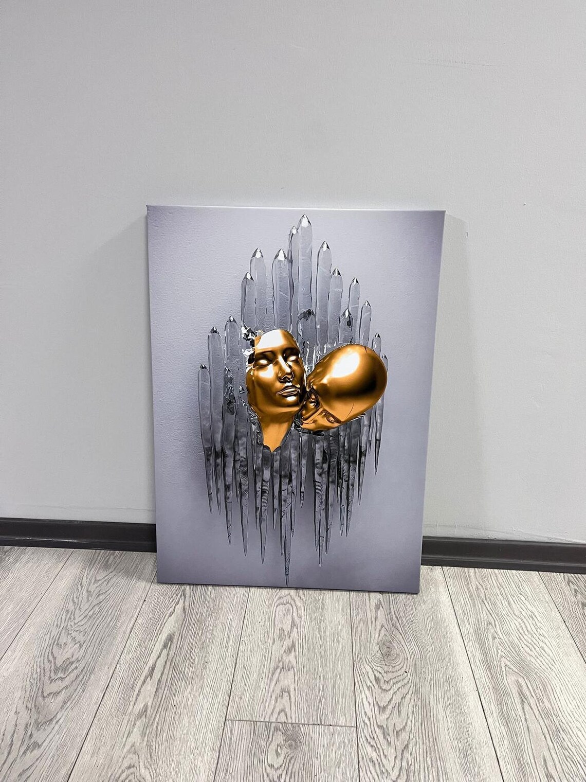 Golden Kissing Couple Heads Crystal Sculpture Modern Art Poster - Image 3