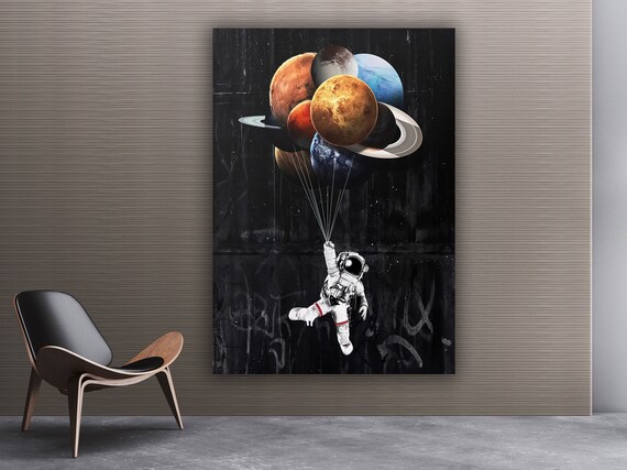 Astronaut Floating Planet Balloons Surreal Space Graffiti Poster