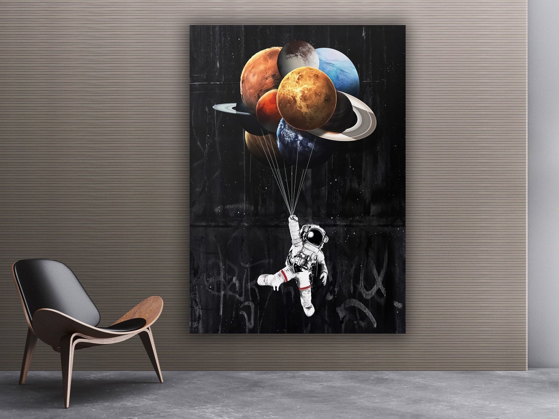 Astronaut Floating Planet Balloons Surreal Space Graffiti Poster