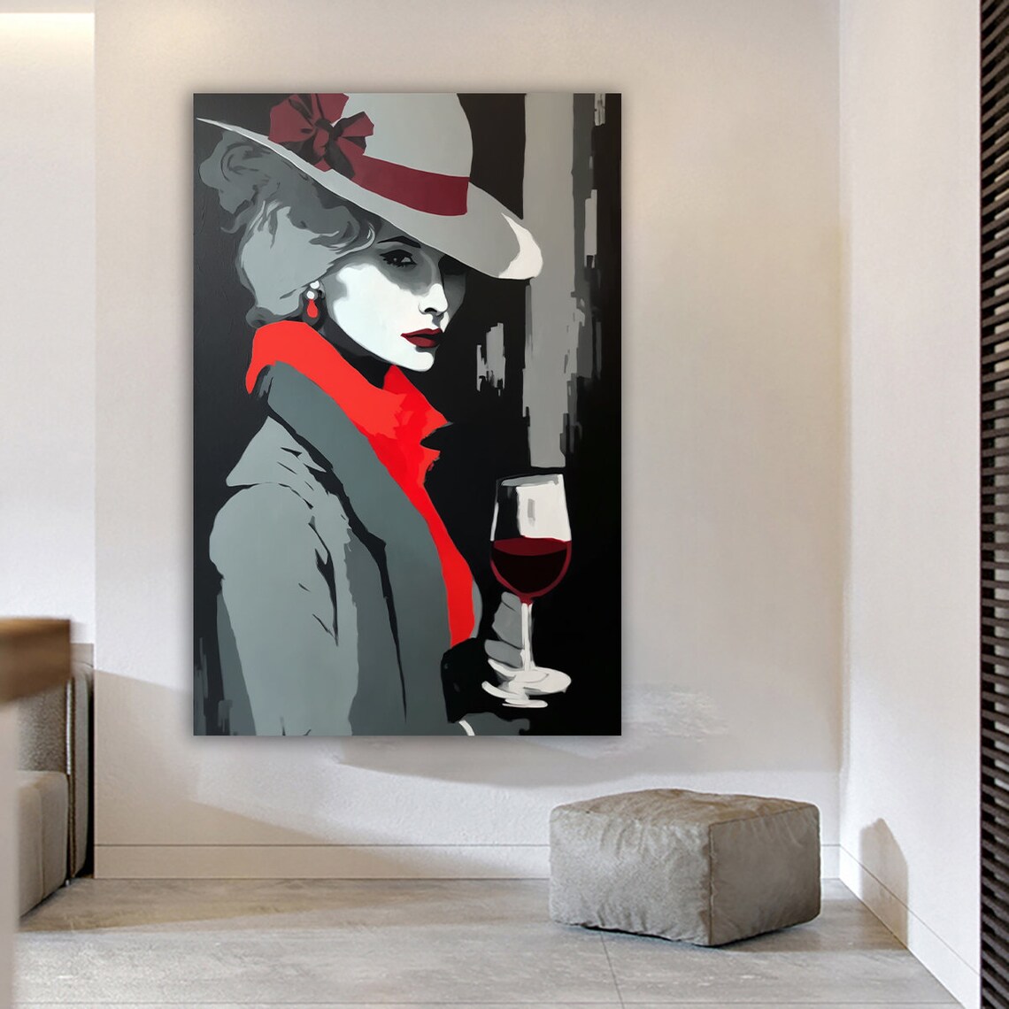 Mysterious Woman in White Hat Holding Red Wine Glass Dark Style Art Poster - Image 3