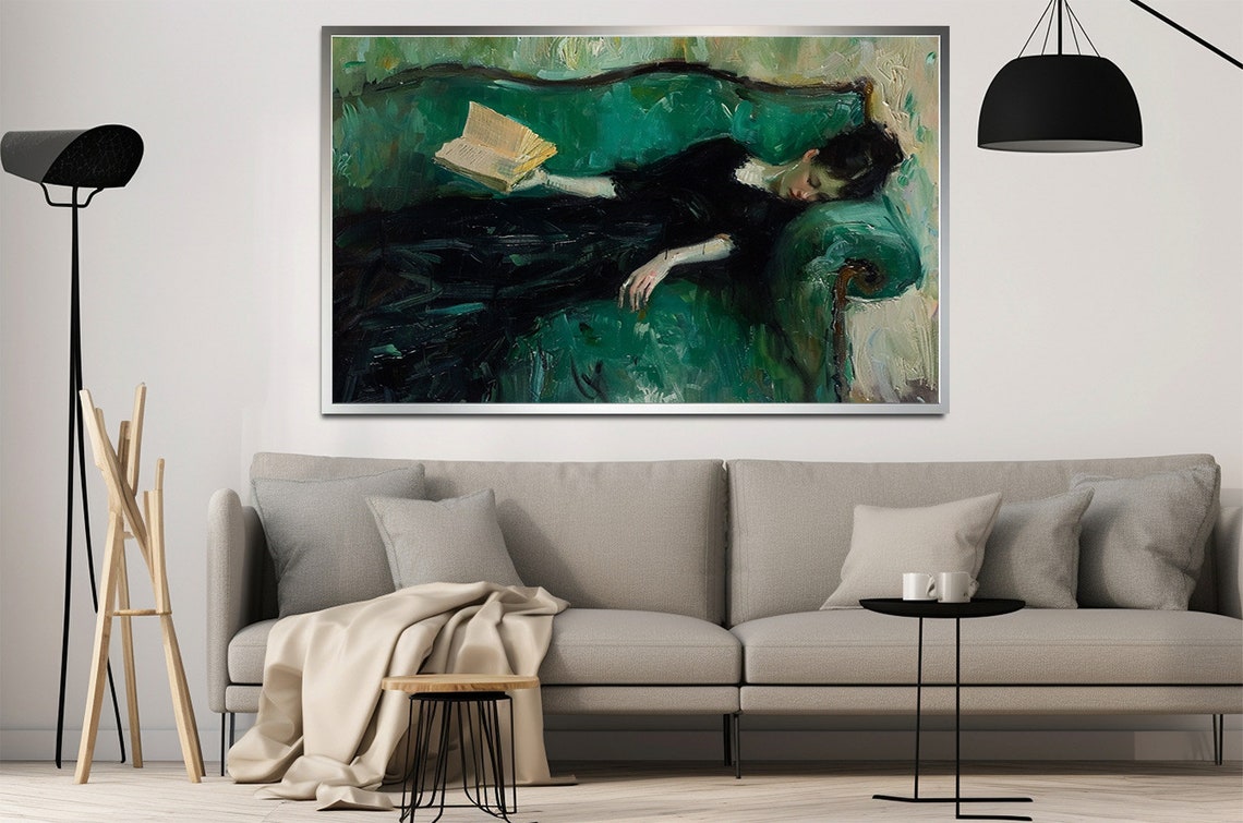 Reclining Woman Reading Green Sofa Classic Oil Painting Poster - Image 2