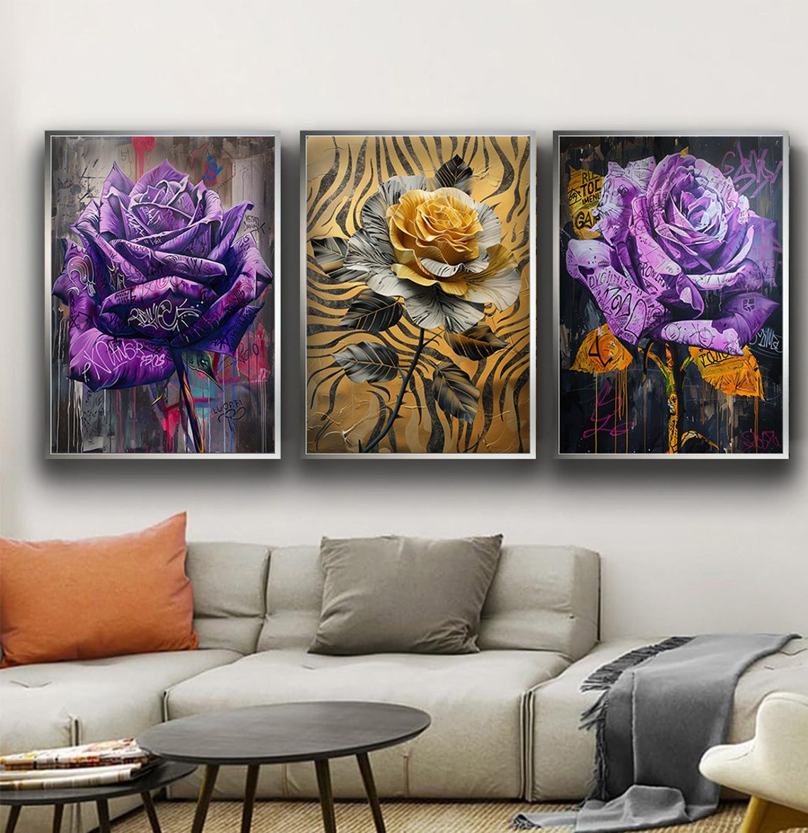 Purple Gold Graffiti Roses Trio Canvas Set Wall Decor Poster - Image 3