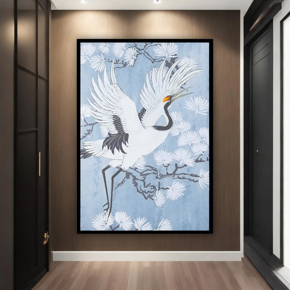 Red Crowned Crane Flying Pine Branches Pale Blue Japanese Bird Print