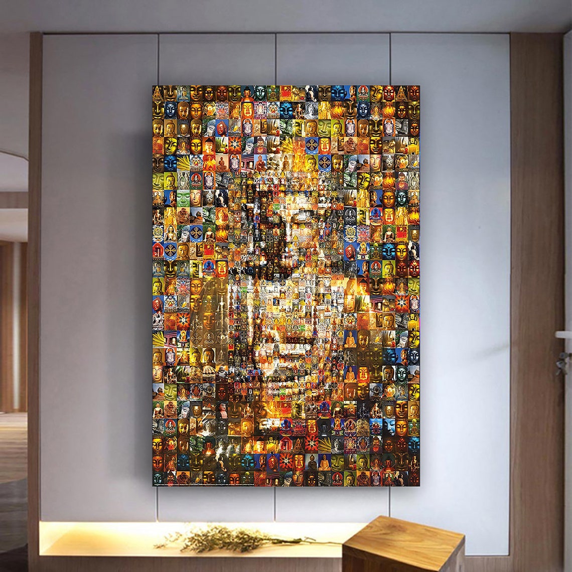 Golden Buddha Face Mosaic Hundred Faces Colorful Spiritual Poster - Image 3