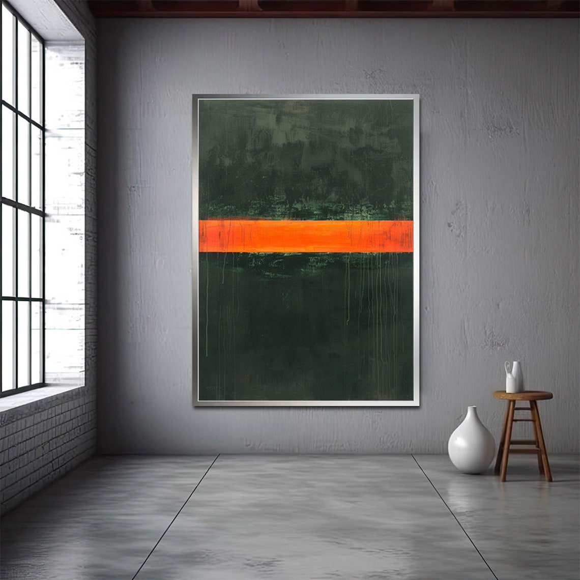 Dark Green Orange Stripe Abstract Color Field Rothko Style Poster