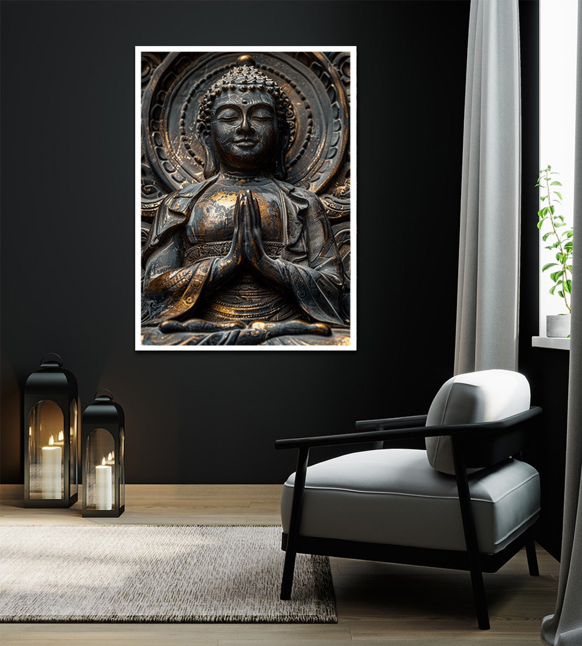 Bronze Buddha Praying Hands Ornate Halo Sculpture Serene Art Print - Image 2