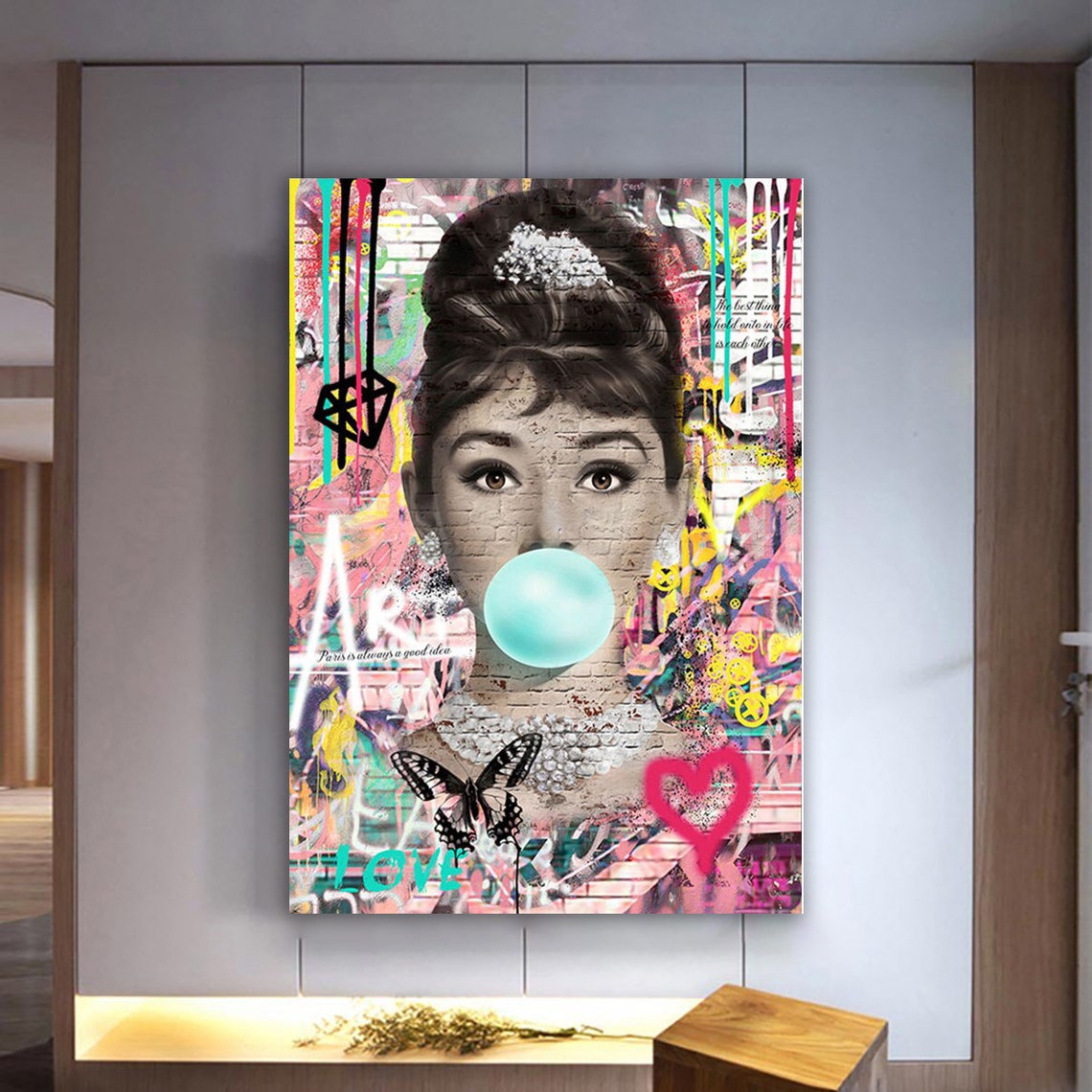 Audrey Hepburn Bubble Gum Graffiti Pop Art Portrait Pink Wall Decor - Image 3